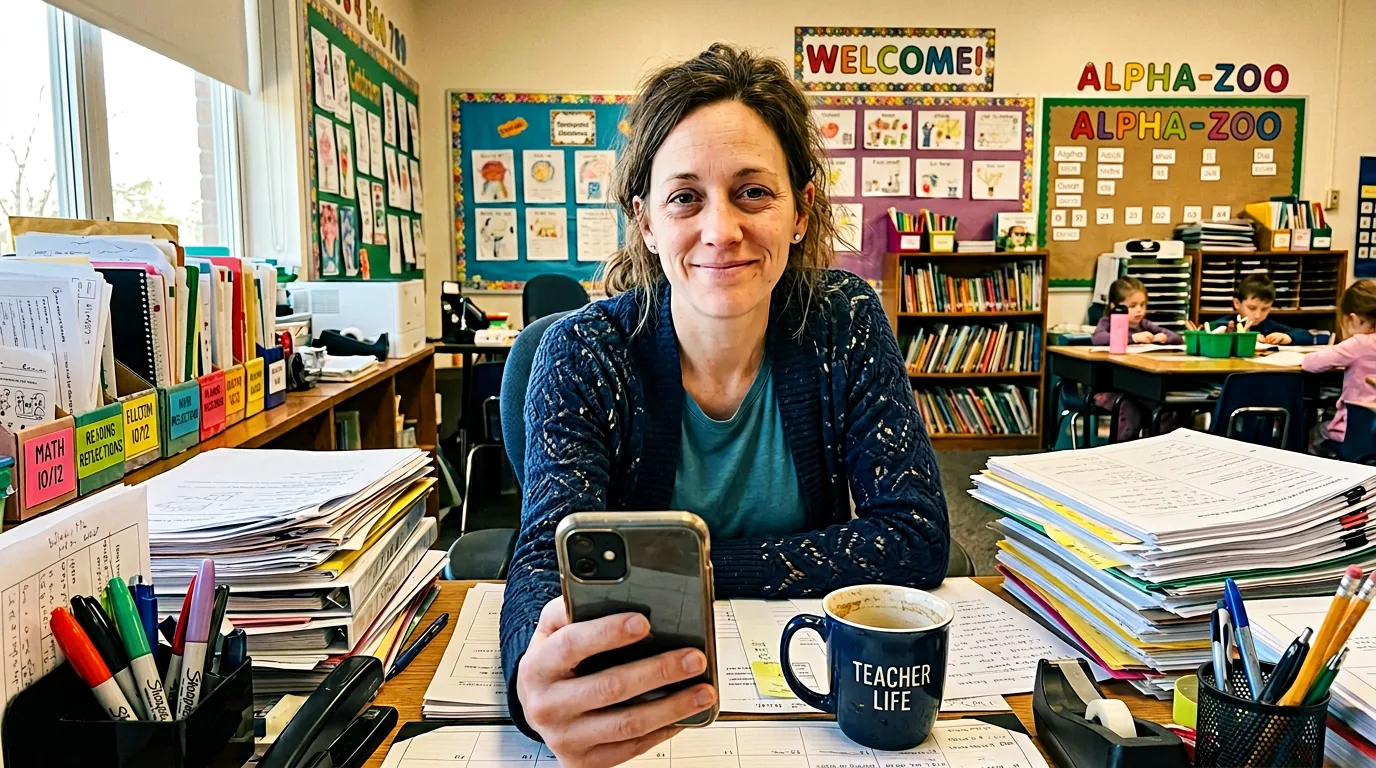 Sarah at her classroom desk