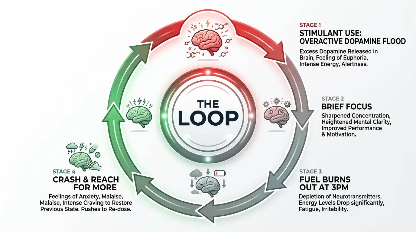 Stimulant dependency loop infographic