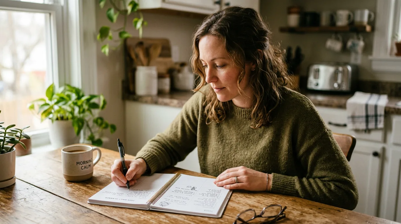 Woman writing in planner at kitchen table