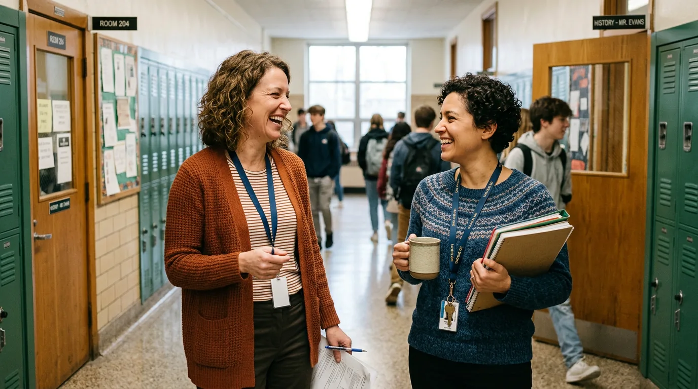 Two women talking in school hallway