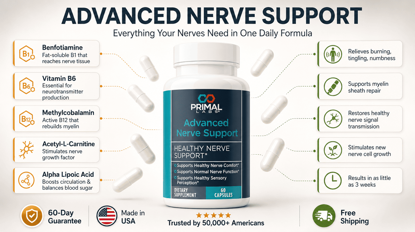 Advanced Nerve Support product hero with benefit callouts