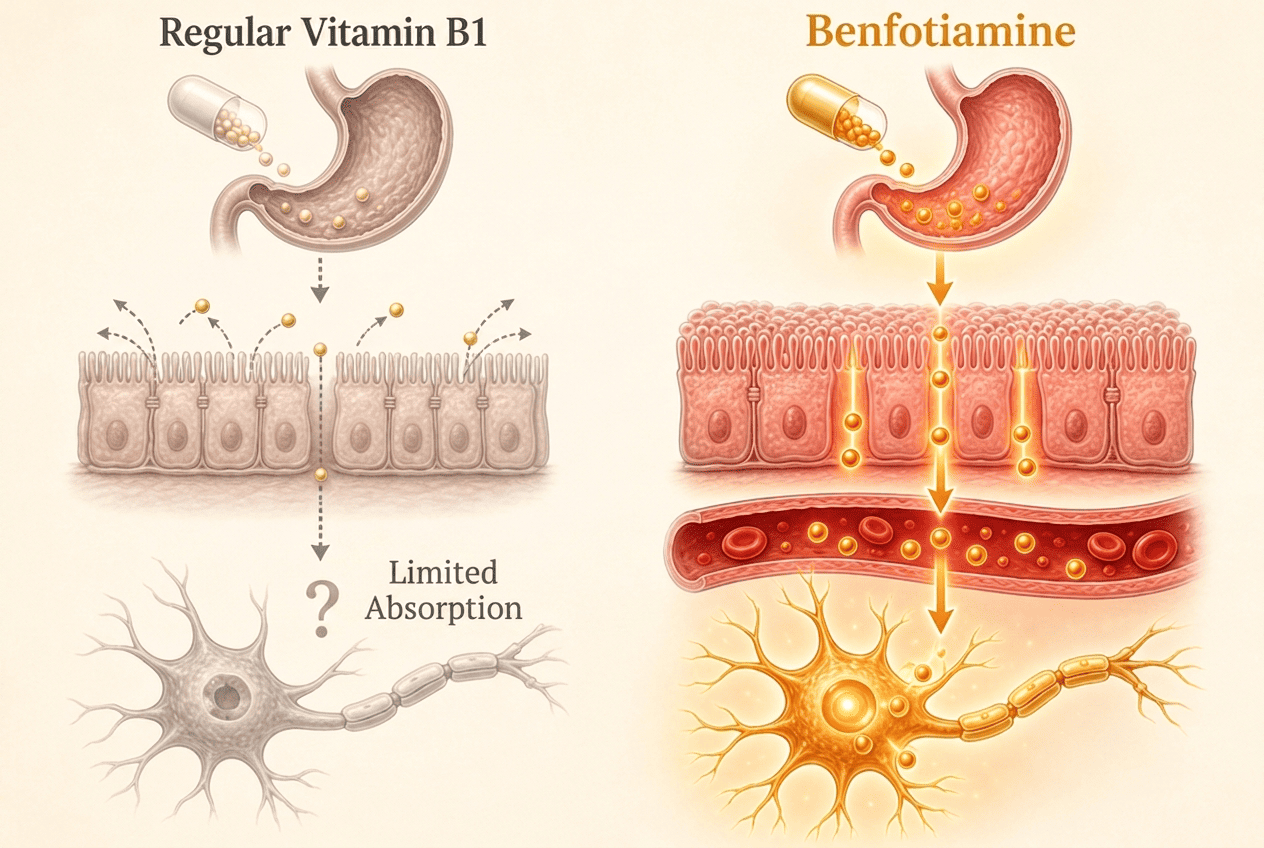 Benfotiamine, the fat-soluble form of vitamin B1, reaching the nerves