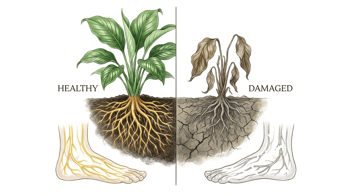 Split illustration of plant roots and the human nerve network
