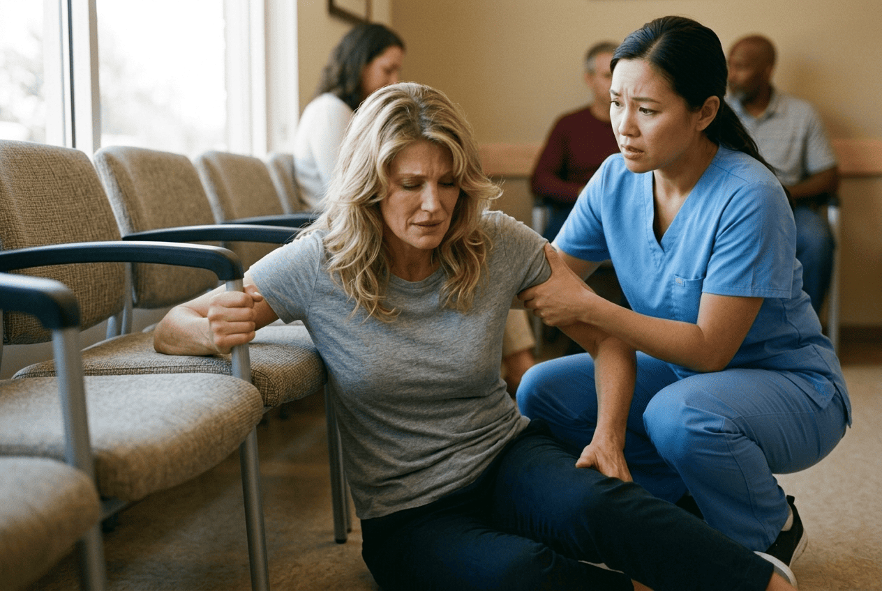 Mary being helped up from the waiting room floor