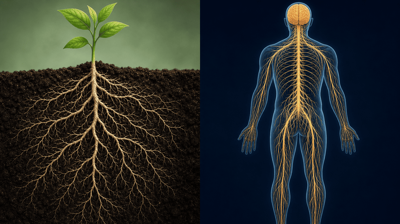 Infographic comparing plant roots to the human nerve network