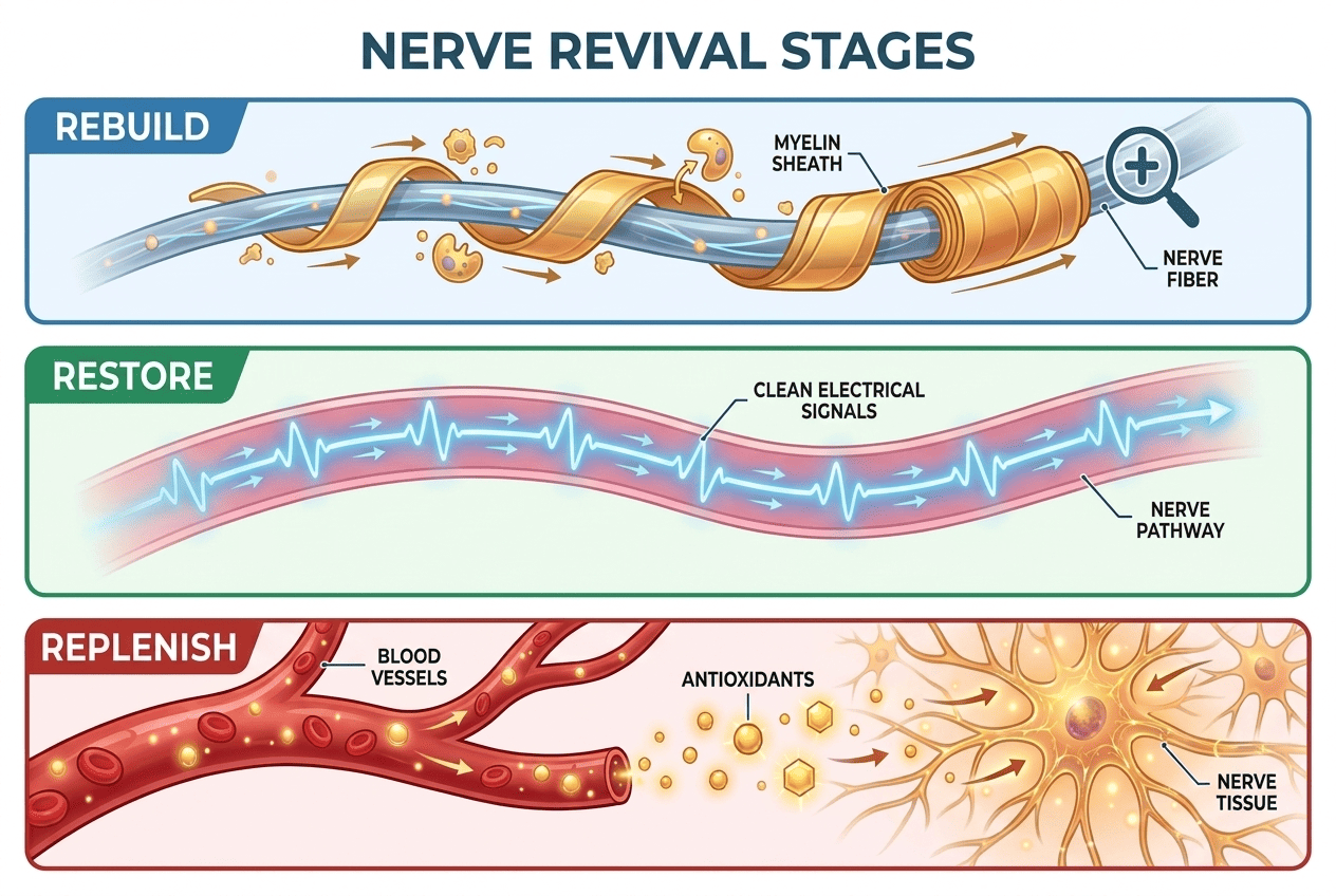 Illustration of the three-step nerve revival protocol