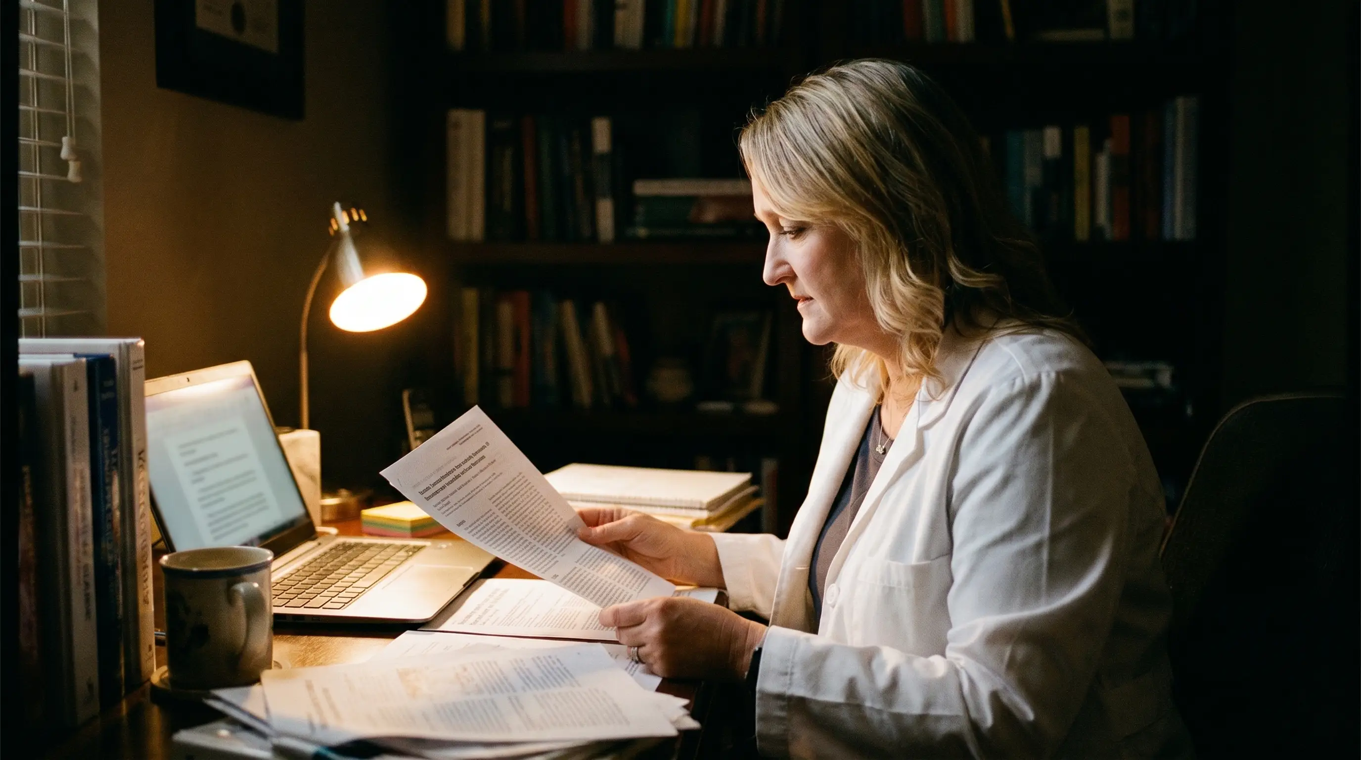 Dr. Merritt researching late at night in her home office