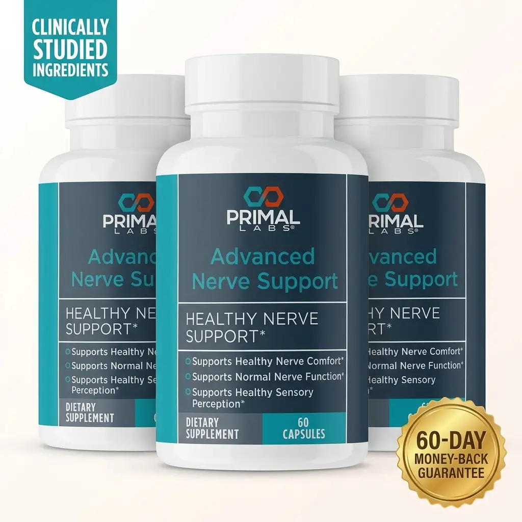 Three bottles of Advanced Nerve Support with 60-day guarantee badge