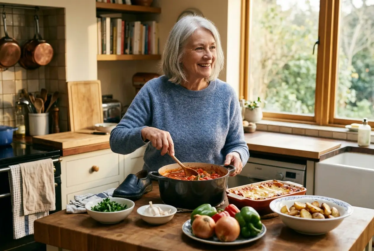 74-year-old woman cooking in her kitchen pain-free