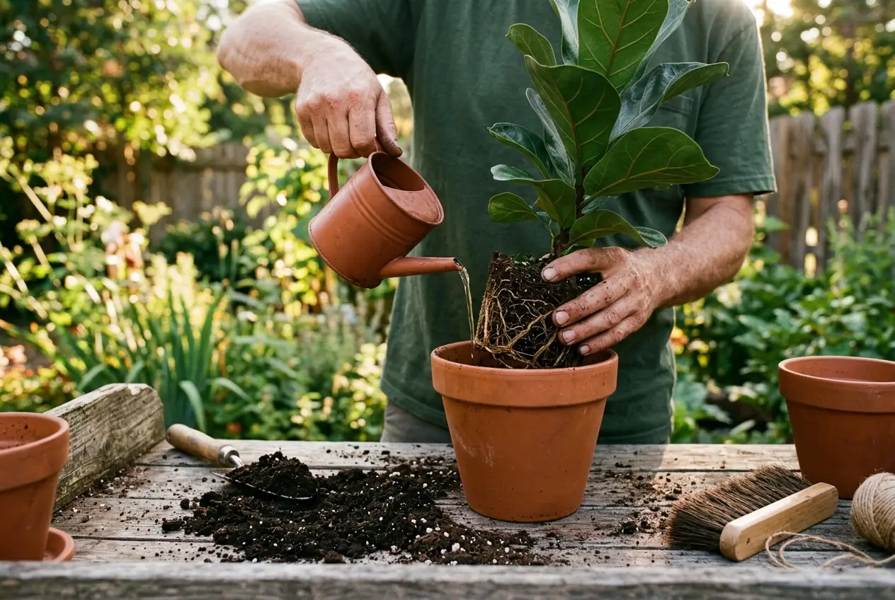 Gardener feeding thiamine to a re-potted plant