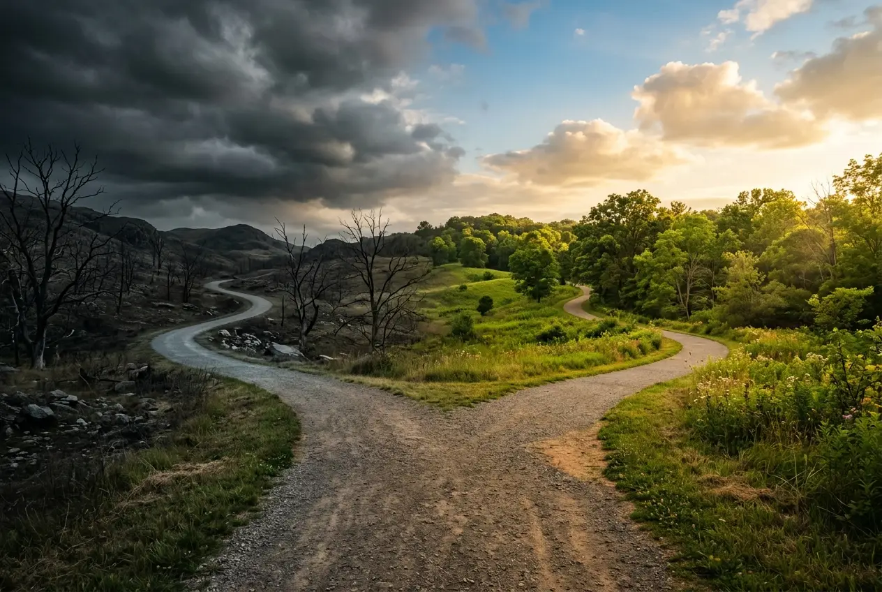 Two diverging paths, one stormy and one sunlit