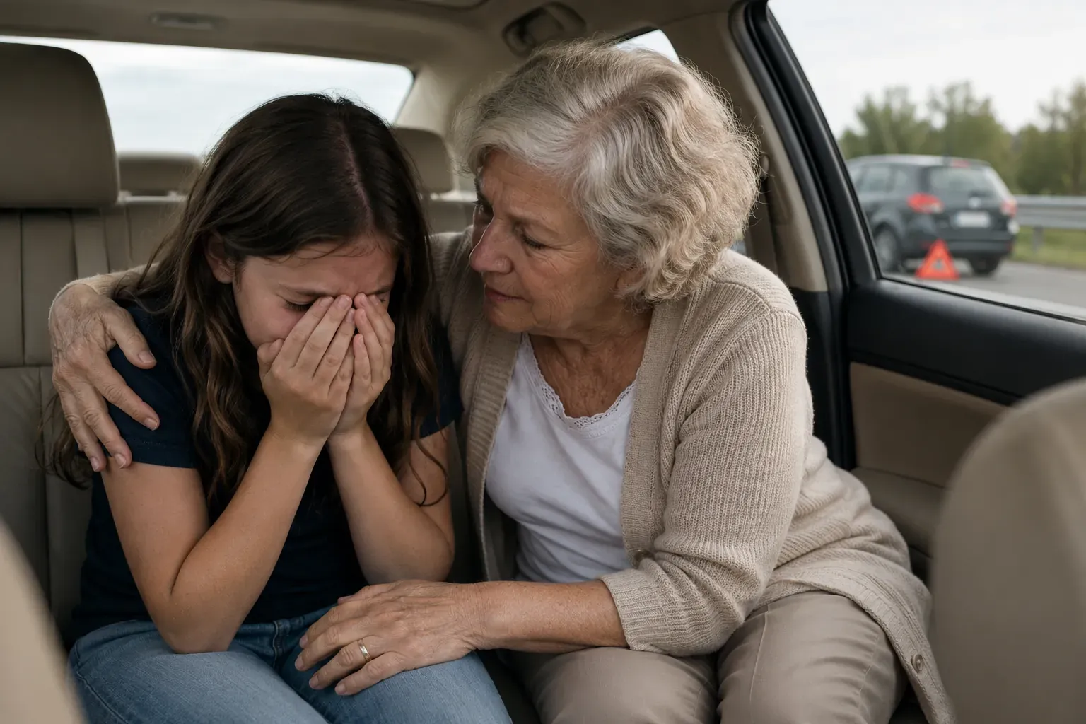 Illustration of a grandmother reaching into the back seat to comfort her upset granddaughter, the car pulled over on the shoulder