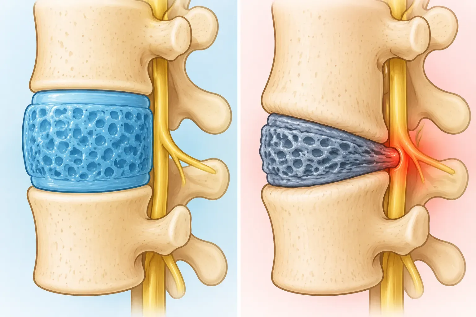 Infographic comparing two spinal discs drawn as sponges: a plump water-filled sponge holding the bones apart, vs. a dried shriveled sponge with the bones pressed together pinching a nerve