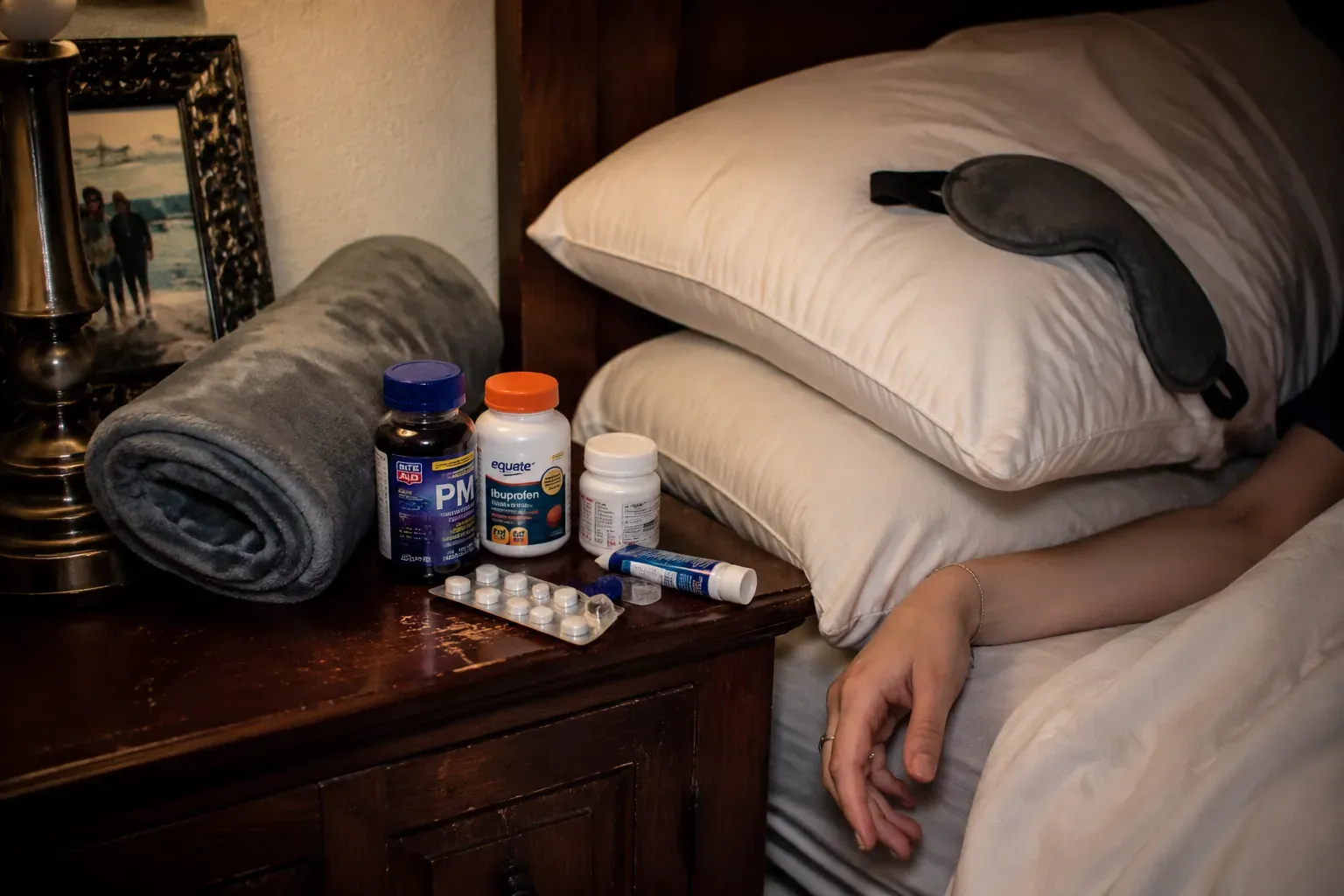 A nightstand crowded with PM sleep pills, ibuprofen, a rolled-up heating pad, two extra pillows, and a sleep mask, a woman's hand resting beside it, defeated