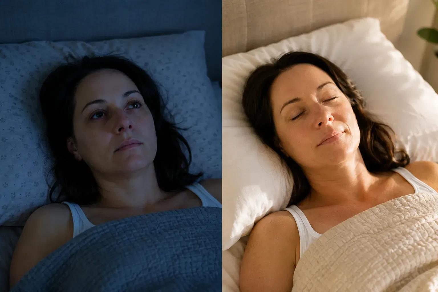 Before and after: left, the woman lying awake on her back at night, exhausted; right, the same woman sleeping deeply and peacefully on her back in soft morning light