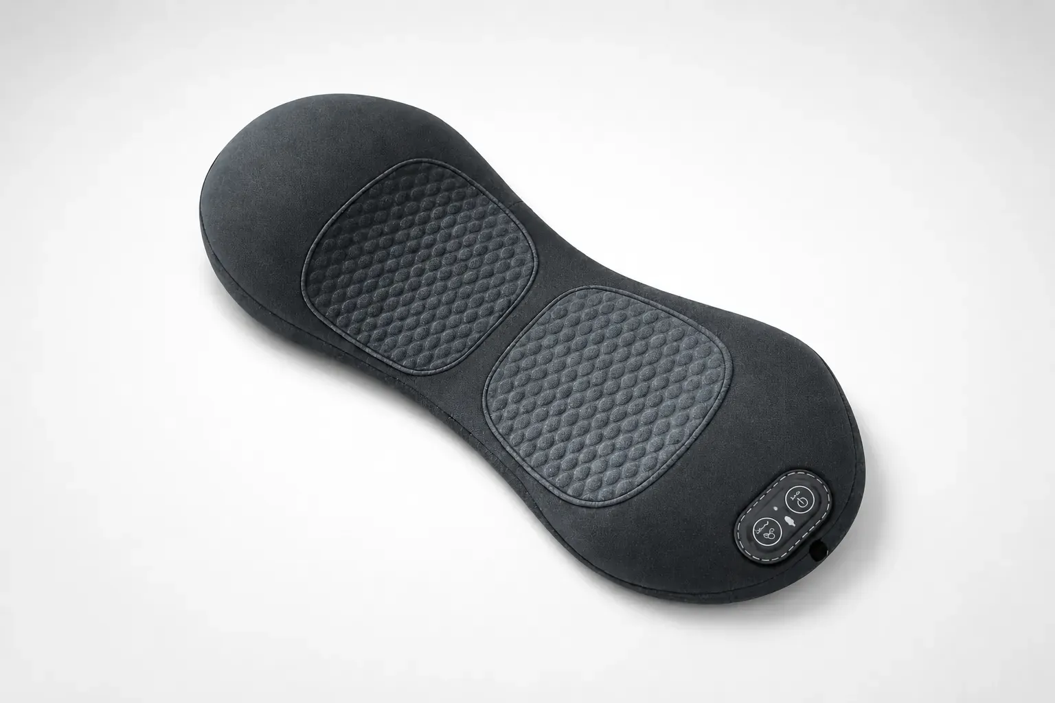 Product hero shot of the ReliefMD Back Massager, the slim flat charcoal-gray peanut-shaped pad with two quilted panels and a small round two-button controller, clean studio background