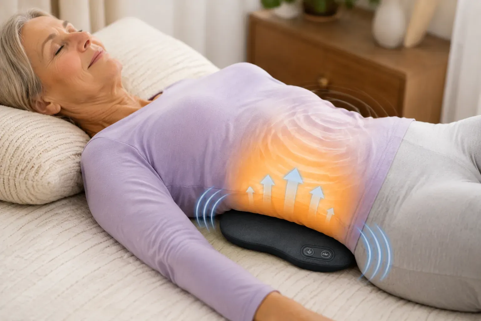 Product demonstration: different women (50s-70s) lying back on a bed and a reclined chair with the slim ReliefMD pad tucked under the lower back, soft traction-lift ripples, warm heat-glow, and gentle vibration waves