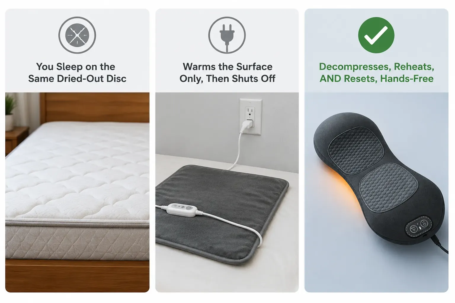 Comparison: a brand-new mattress, a heating pad tethered to a wall outlet, and the ReliefMD Back Massager glowing with traction-lift, heat, and vibration with a green checkmark