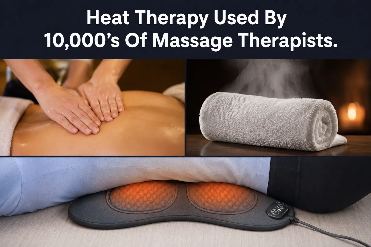 GIF-style image: text locked at the top reads 'Heat Therapy Used By 10,000s Of Massage Therapists,' over warm hands on a lower back, a steaming towel, and the warm-glow heat panels of the ReliefMD pad