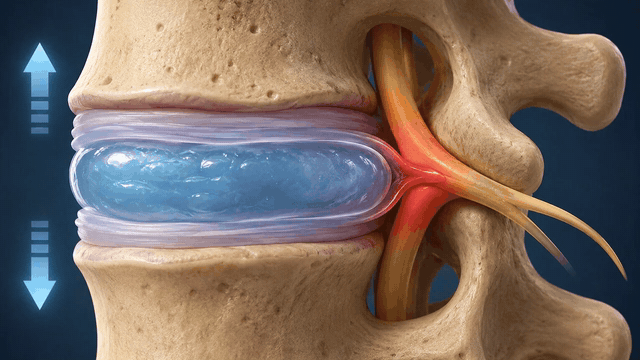 GIF-style animation showing a dried, shriveled sponge-disc between two vertebrae slowly swelling and filling with fluid as gentle traction opens the space, the pinched red nerve easing to a calm tone