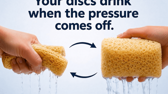 GIF-style animation: text reads 'Your discs drink when the pressure comes off,' below a sponge being squeezed dry then released to soak fluid back up, matched to the slow lift-and-release of the pad