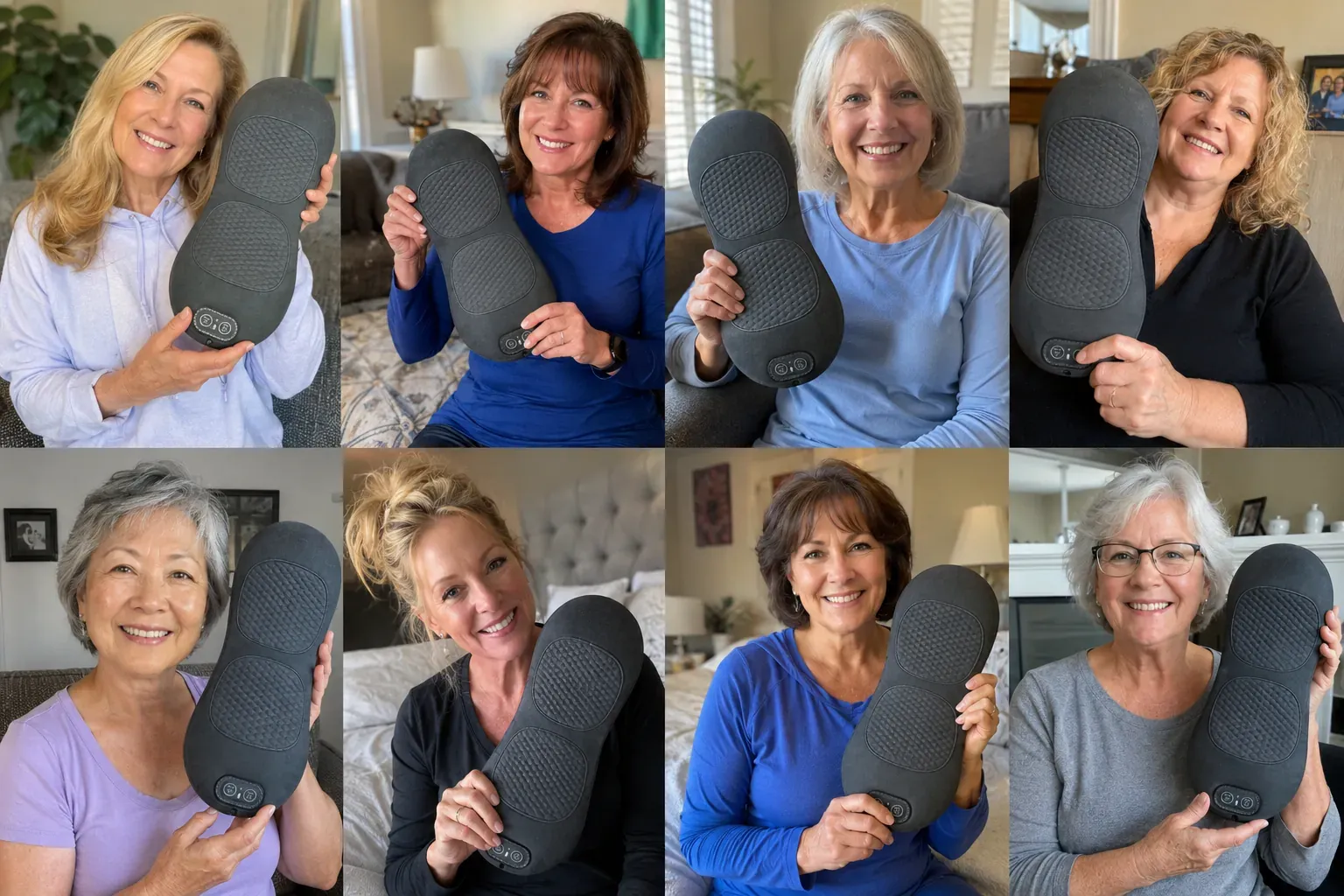 Collage of 8 different real-looking customers (mostly 50s-70s, female skew) holding up the slim ReliefMD Back Massager pad, smiling, in their living rooms and bedrooms