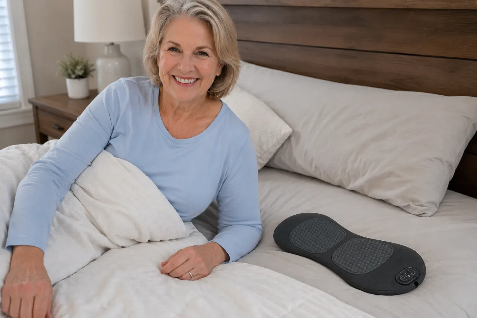 Review photo: a smiling older woman sitting up in bed in the morning looking rested, the slim gray ReliefMD pad on the bed beside her
