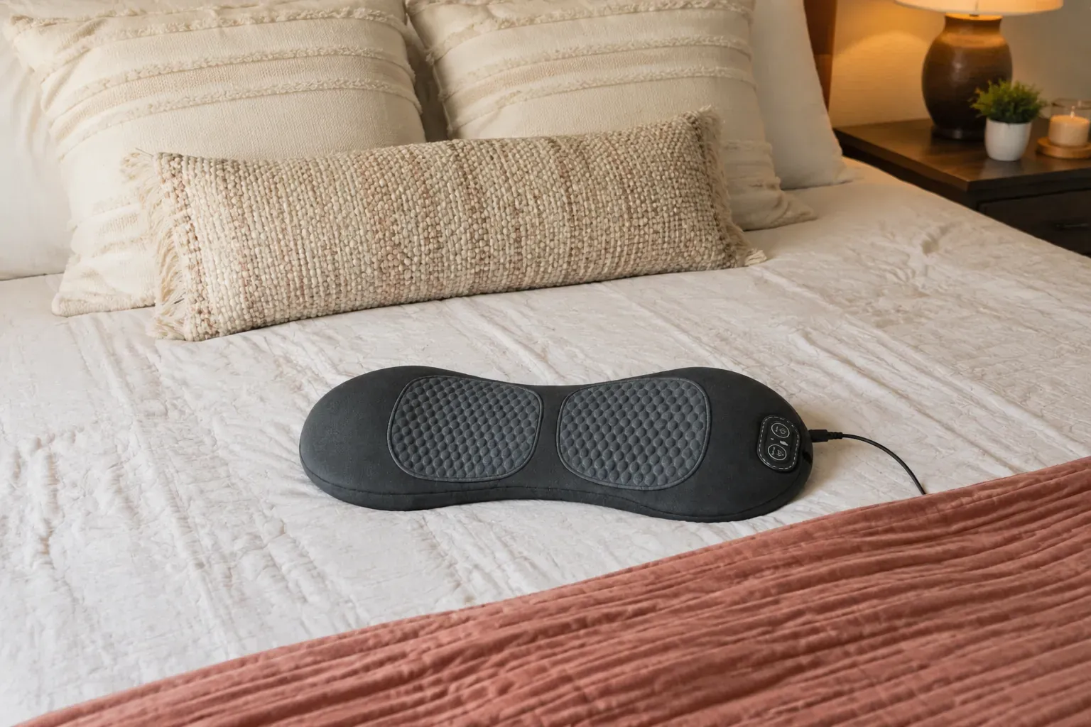 Review photo: the slim gray ReliefMD pad lying flat on a made bed, ready to lie on, in a cozy bedroom