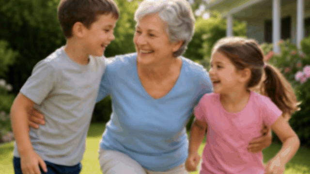 Happy family scene: a rested grandmother getting out of bed easily in the morning, then out in the yard with grandkids, everyone smiling