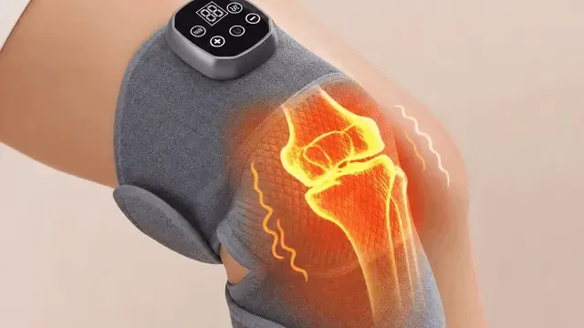Product demonstration: different people wrapping the ReliefMD Knee Massager around the knee, with soft heat-glow and gentle vibration ripples