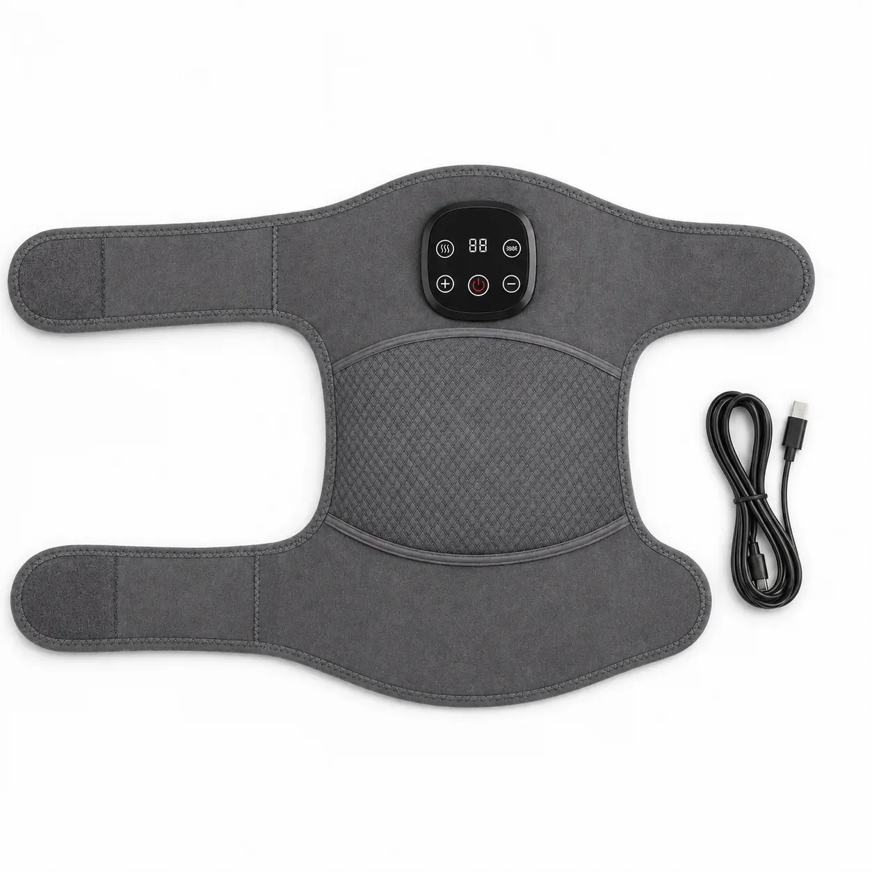 The ReliefMD Knee Massager with its USB-C charging cable, control panel lit