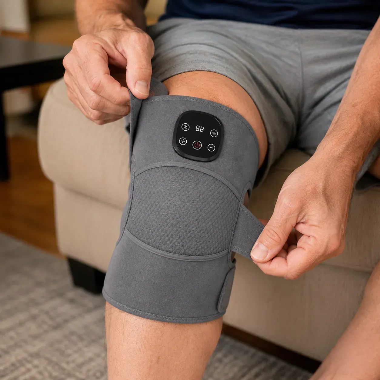 Hands securing the ReliefMD Knee Massager around the knee