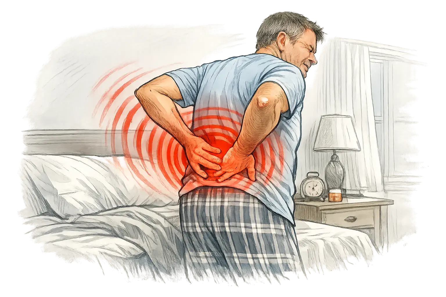 Man standing by bed holding his lower back in pain with red waves radiating from lumbar area