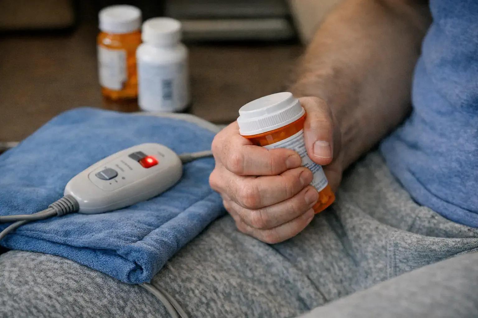 Close-up of tense hand clutching prescription bottle beside heating pad