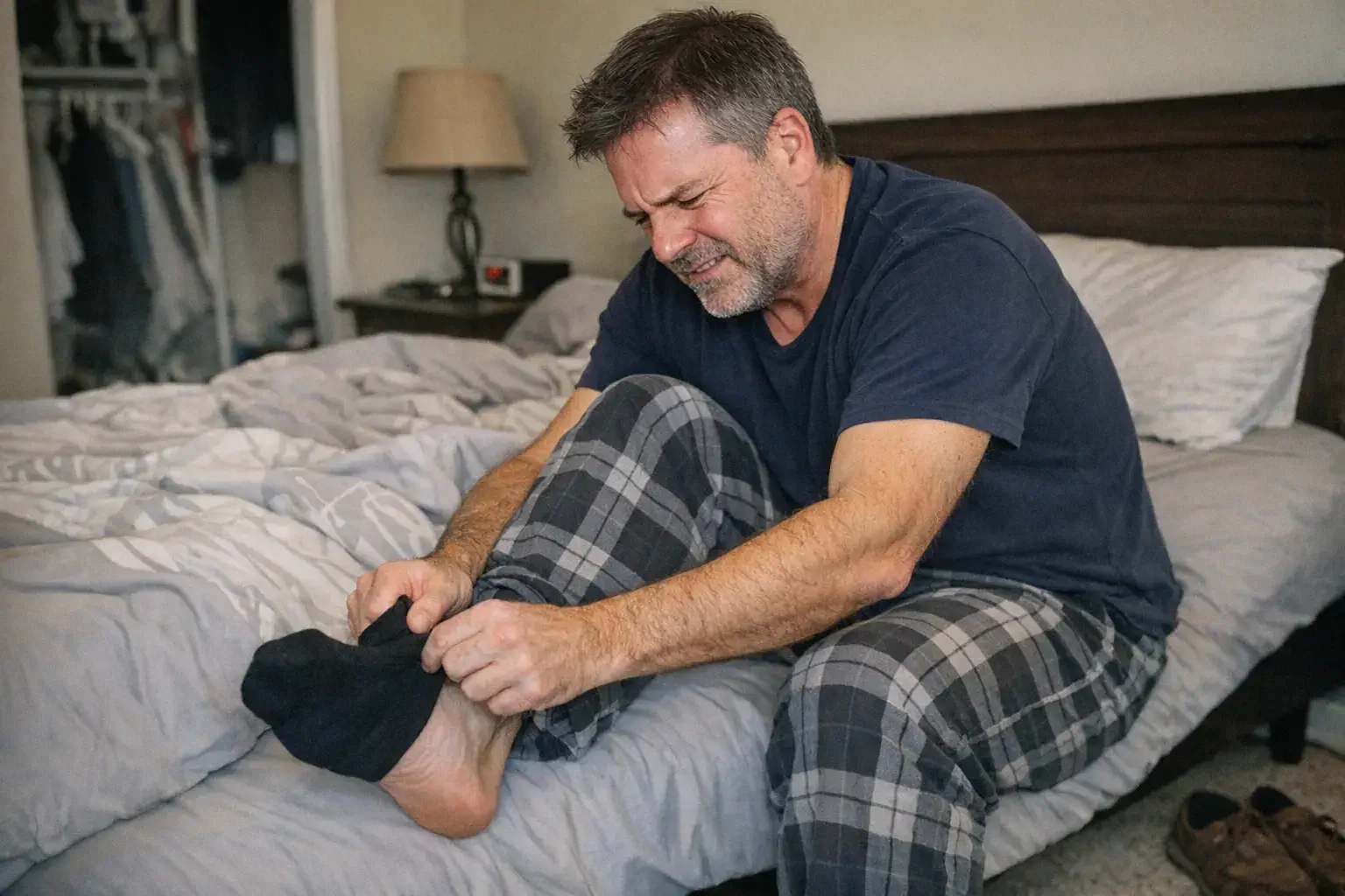 Man sitting on edge of bed struggling to put on socks