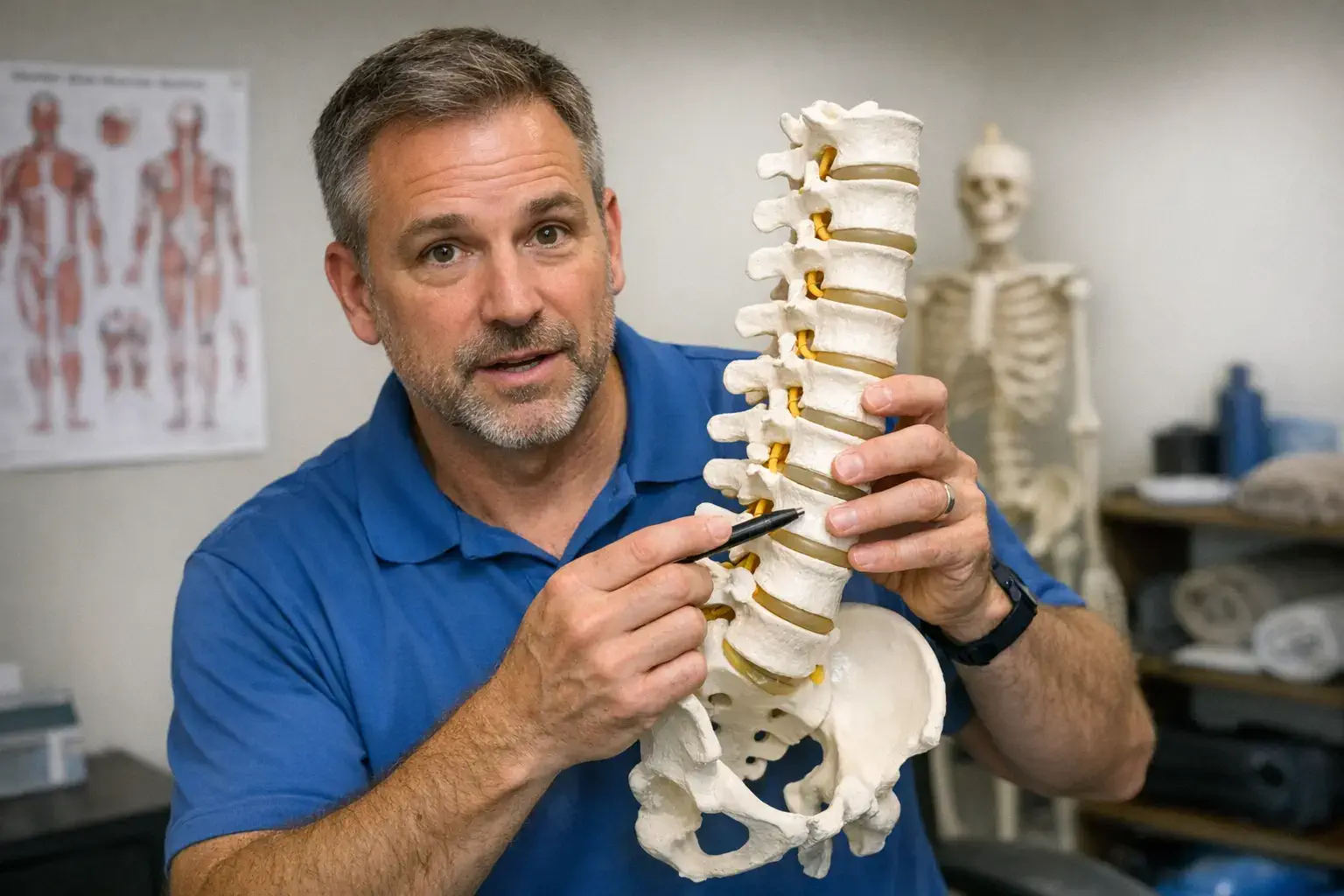 Renowned massage therapist in office pointing to lumbar spine model