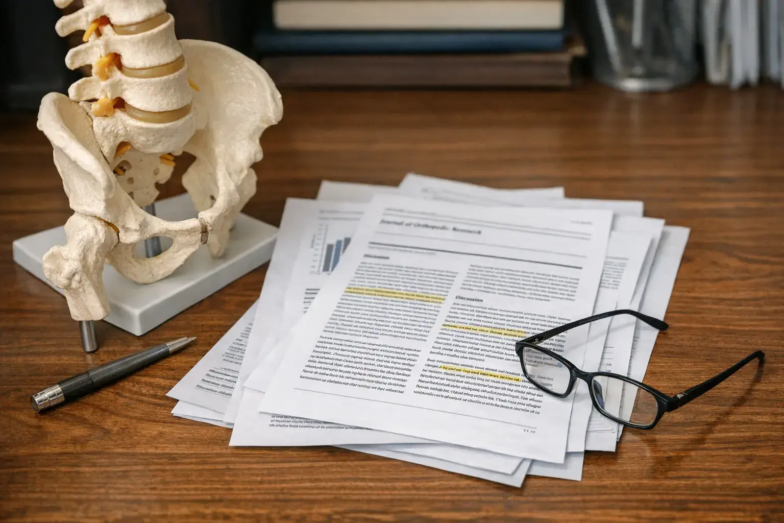 Printed research papers on desk beside spine model and reading glasses