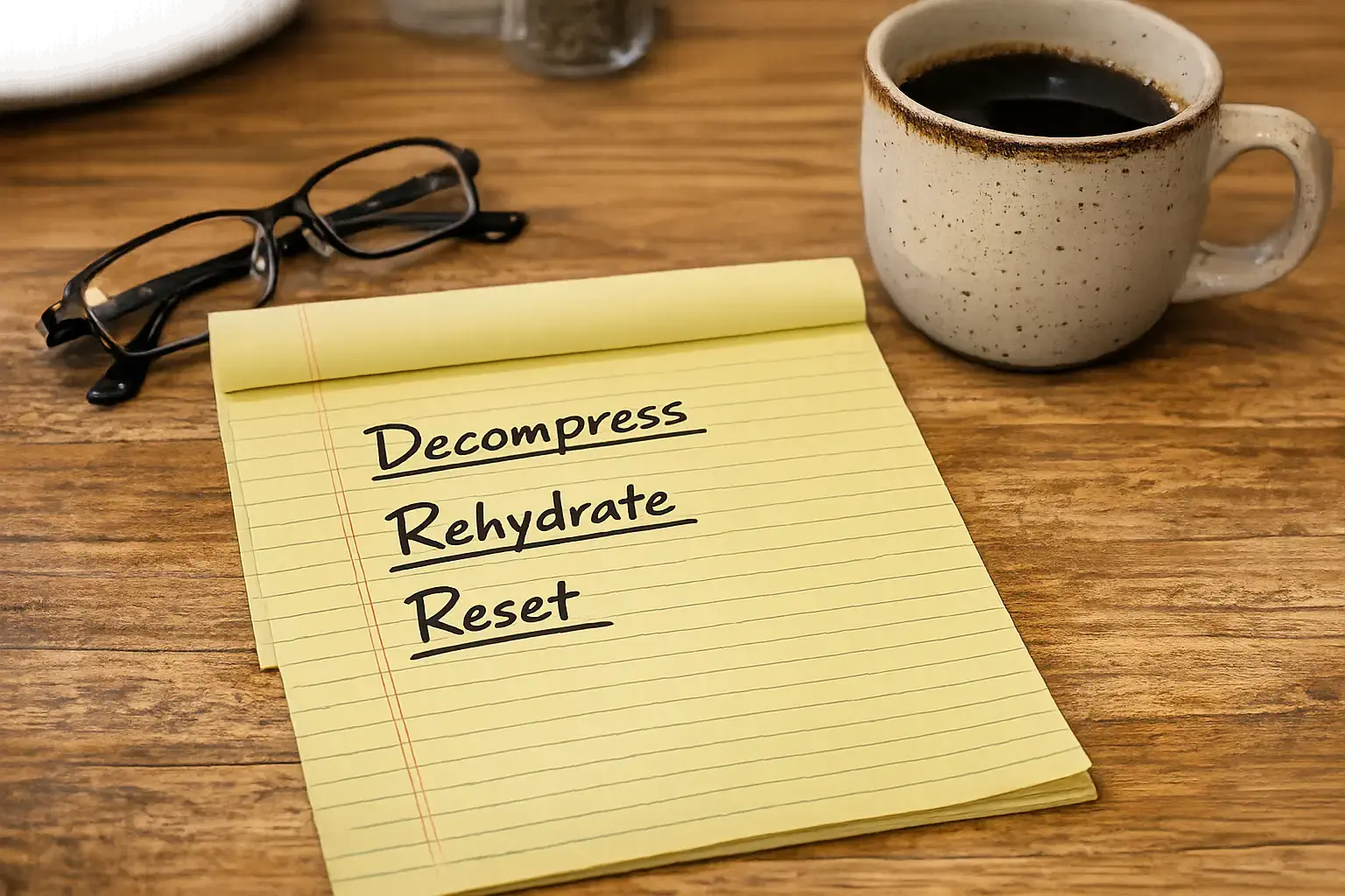 Notebook page with three underlined words: Decompress, Reheat, Reset