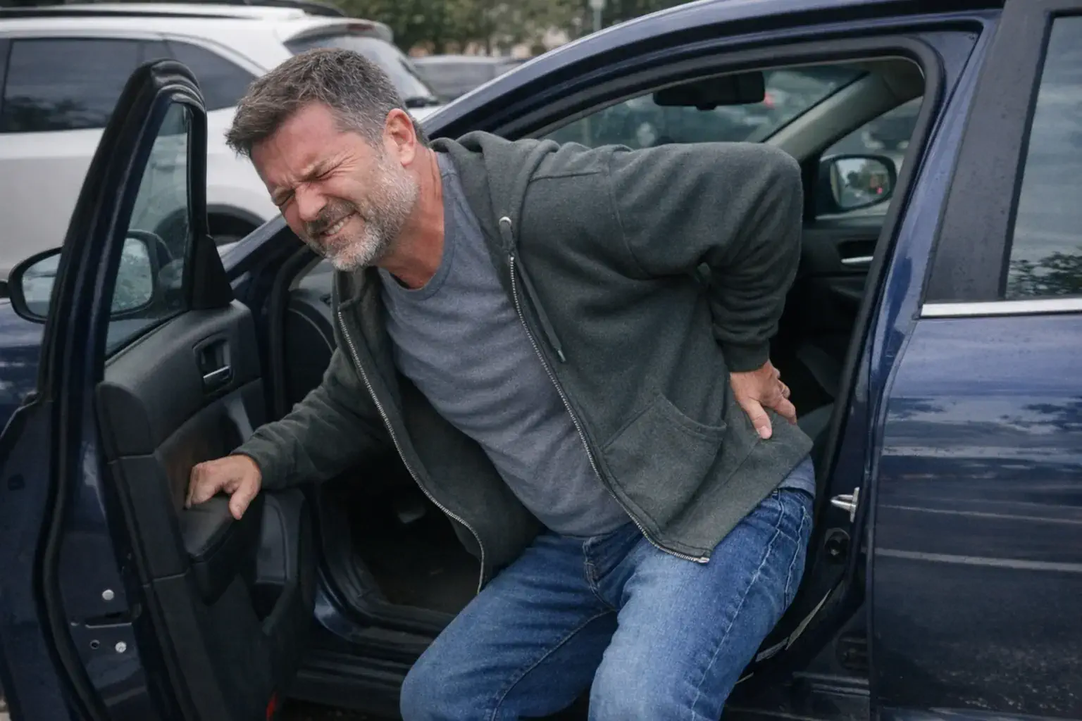 Man wincing while stepping out of car in parking lot
