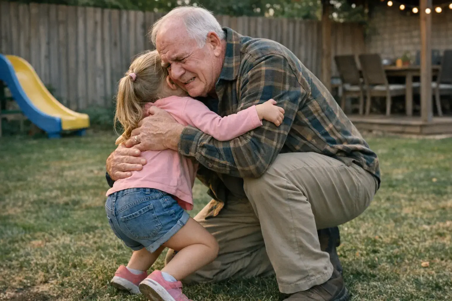 Grandfather crouching awkwardly to hug granddaughter in yard