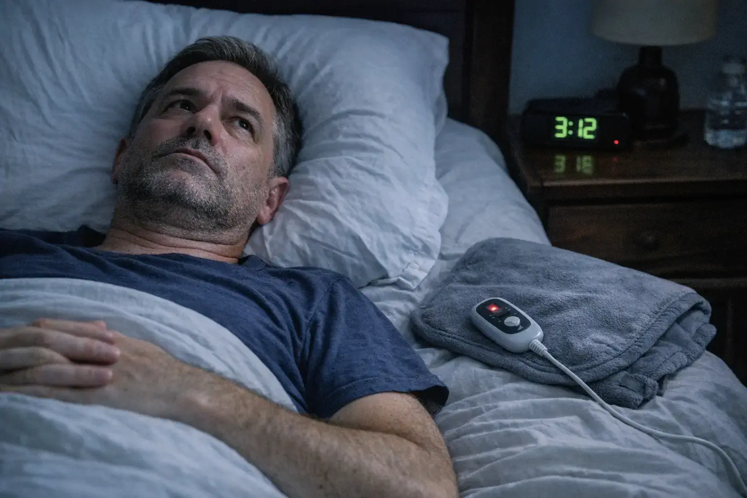 Man awake at 3 AM staring at ceiling, heating pad nearby