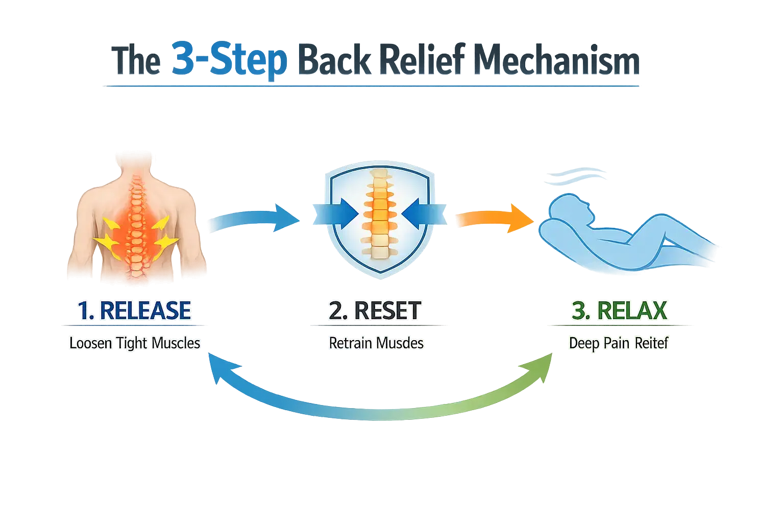 Three-part back relief pattern: Decompress, Reheat, Reset