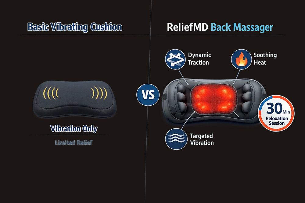 Split-screen comparison: generic cushion vs ReliefMD with traction, heat, vibration, and 30-minute session