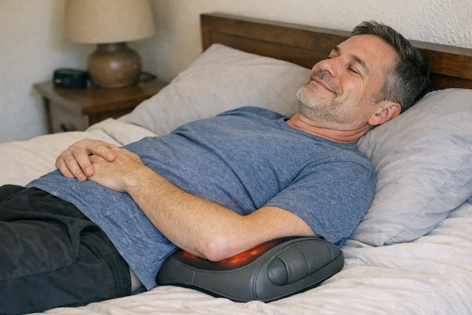 Man using ReliefMD on bed, face softening with visible relief