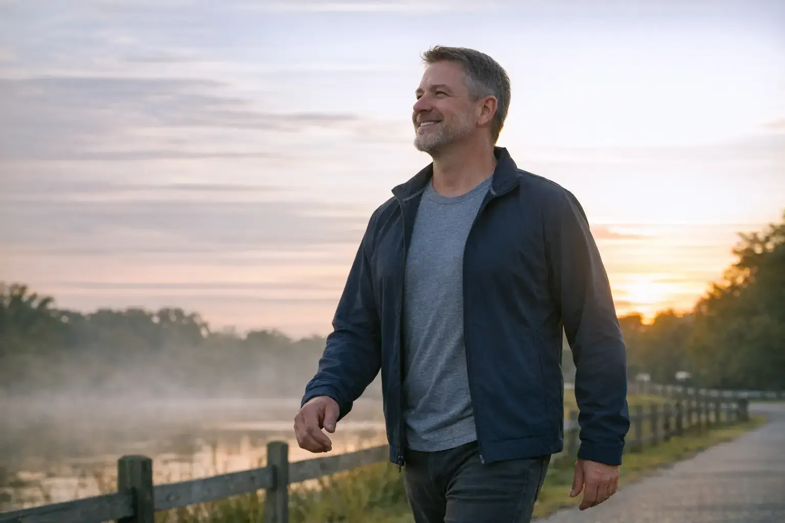 Man walking outside at dawn with upright posture