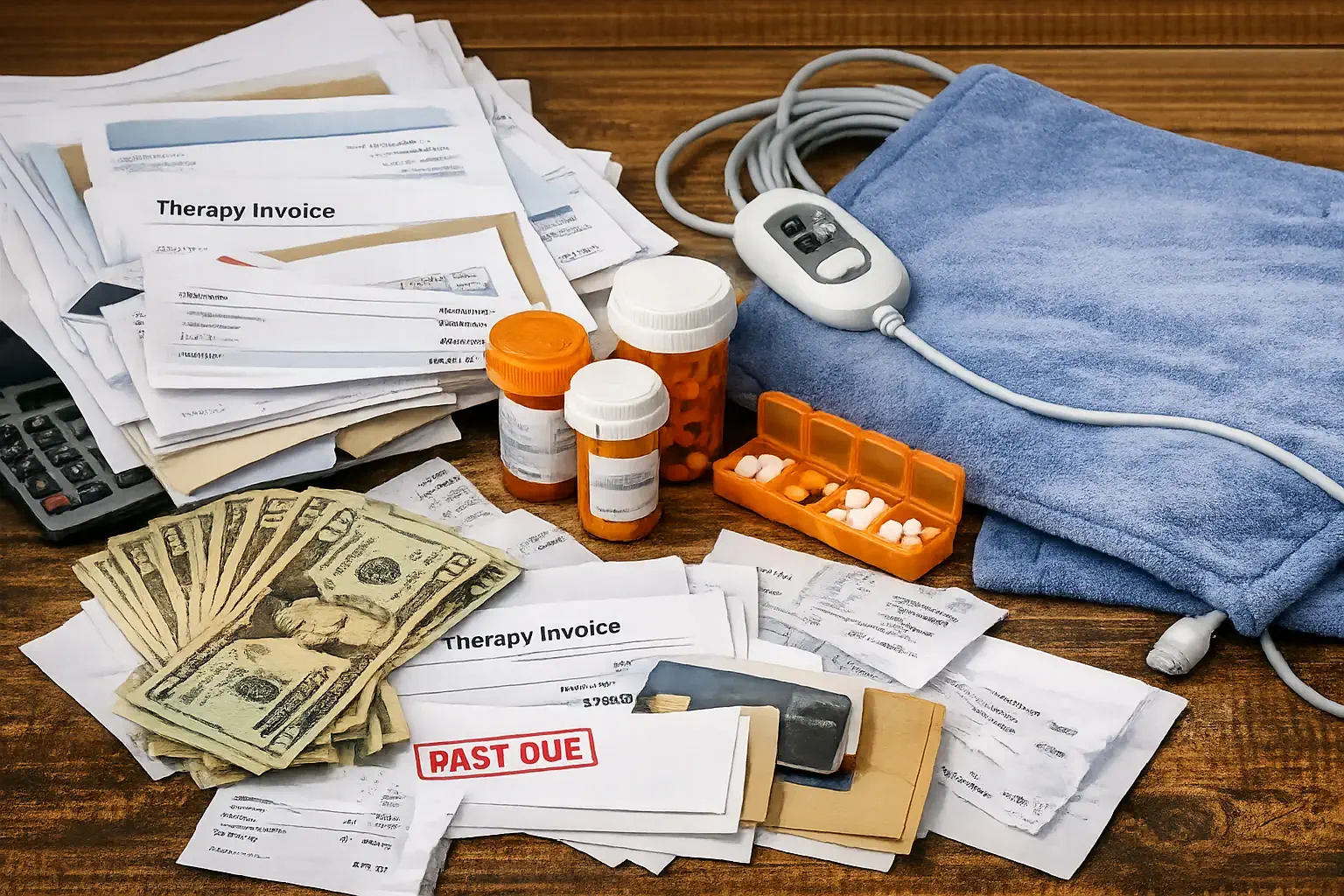 Kitchen table with scattered medical bills, pill bottles, and heating pad