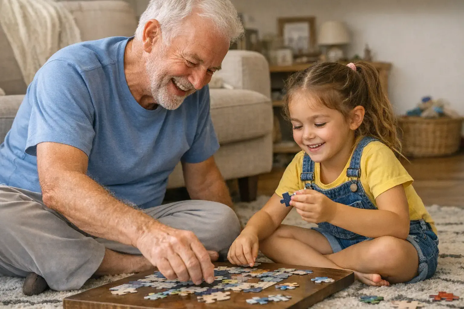 Grandfather on floor helping granddaughter with puzzle