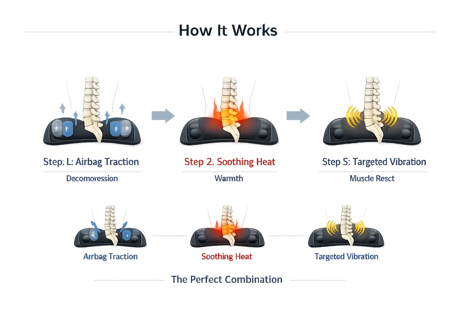 3-step product mechanism diagram: Airbag Traction, Soothing Heat, Targeted Vibration