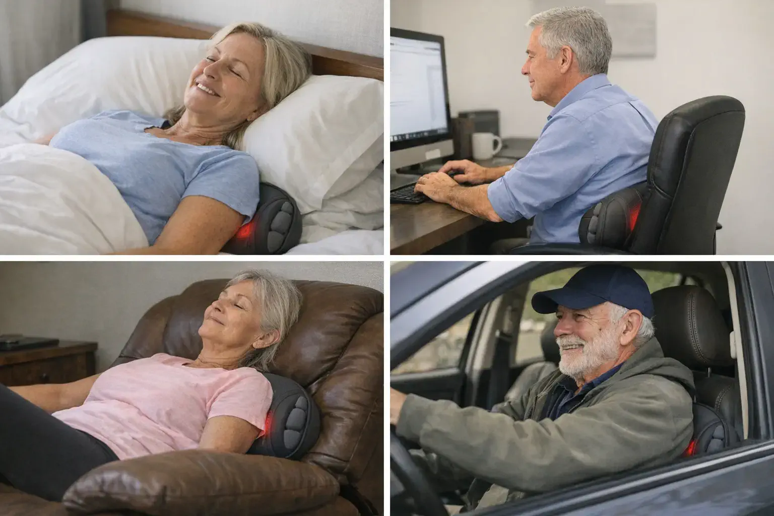 Collage of people using lumbar support in bed, office chair, recliner, and car