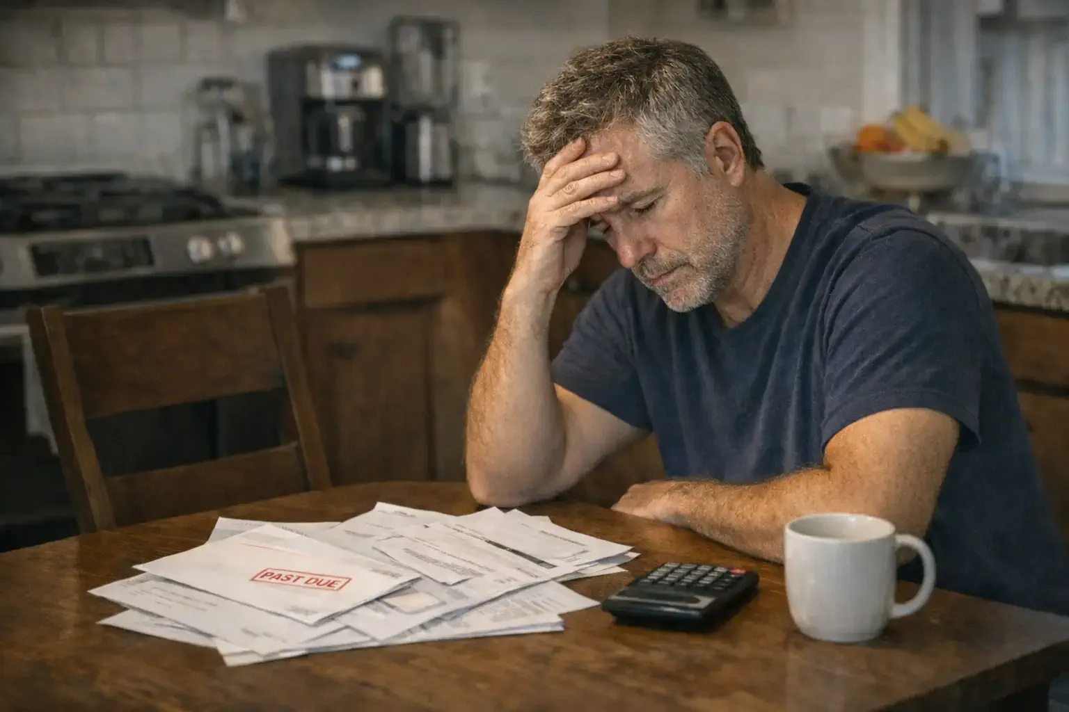 Man alone at kitchen table with bills and heating pad